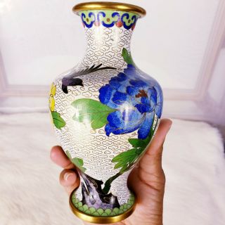 Vintage Chinese Brass & Enamel Cloisonne Vase 6 1/2 " Flowers & Bird On White