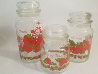 3 Vintage 1980 Strawberry Shortcake Glass Canister Jars Containers With Lids