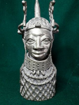 Antique African Benin Bronze Brass King Oba Ornament Tribal Art Statue