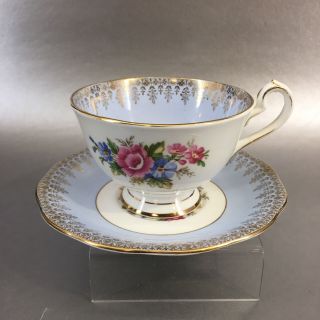 Queen Anne Periwinkle Blue Floral Bone China Teacup England Vintage