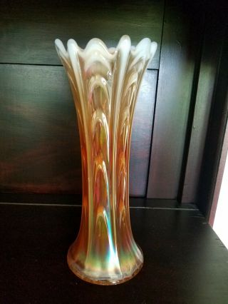 Antique Dugan Peach Opalescent Carnival Glass Pulled Loop Swung Vase 9 1/2”