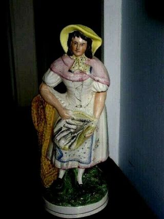 Antique 19th C Large Staffordshire Figurine Of A Girl With A Basket Of Fish