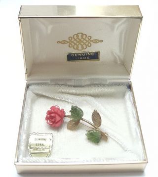 Antique Gold Color Rose Flower Brooch/pin Coral & Jade Gemstone Holiday Gift Box
