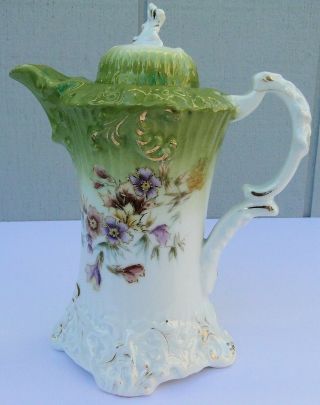 Antique Porcelain Chocolate Pot - Hand Painted,  Gilding,  Floral Pattern -