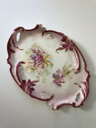 Antique Rs Prussia Large Oval Red Floral Tray Handpainted Cut Out Platter Leaves