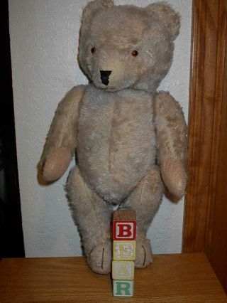Antique 17 " Mohair Jointed Teddy Bear W B Ea R Blocks Unique Very Hard Stuffed