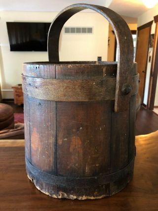 Antique Firkin Wooden Pail Sugar Bucket Shoe Shine Swing Handle No Lid Canted