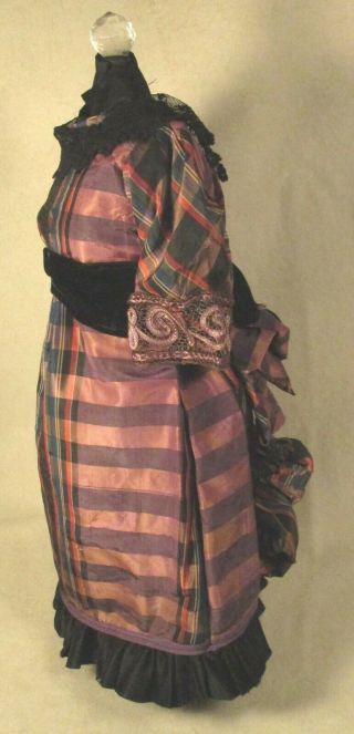 Vintage Doll Dress For 19 " - 21 " Bisque Doll - Purple Plaid Silk W/black Trim