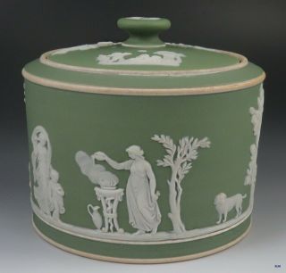 Antique Wedgwood Green Jasperware Porcelain Greek/roman Muses Covered Jar/box