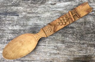 Old Vintage Hand Carved Wooden Spoon With Foliage Decoration 10” Long