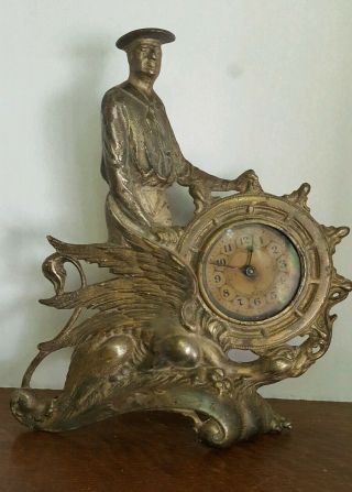 Mantle Clock Sailor & Griffin - Sea Monster Antique Cast Metal Bronze - Brass?