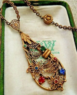Antique Victorian Revival Large Jeweled Rhinestone Flower Pendant Drop Necklace