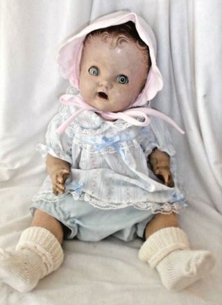 Antique Composition Baby Doll With Tin Eyes And 2 Outfits