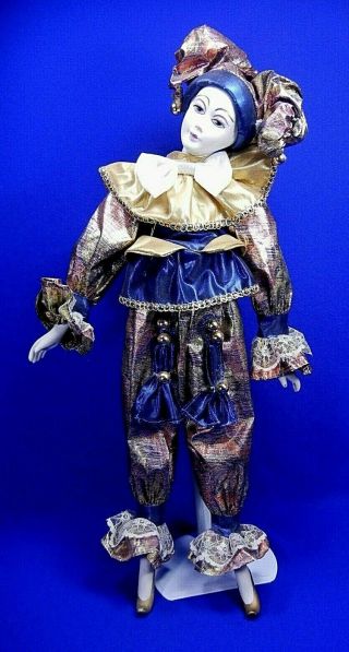Vintage Porcelain Clown Jester Harlequin Doll Figure Blue & Gold T.  B.  Trading Co