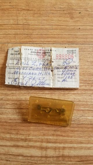 1957 California Fishing License Angling License Pin Vintage Collectables Tackle