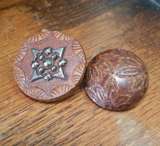 2 Antique Wood Buttons,  Cut Steel With Wood And Carved Flowers,  1 1/8 ",  App.  1 "