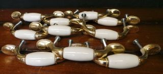 Vintage White Porcelain Brass Drawer Pulls Cabinet Handle Knobs - Set Of 10