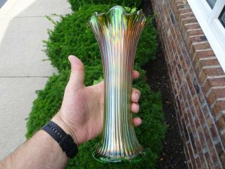 Antique Northwood Carnival Glass Fine Rib Green 10 " Vase