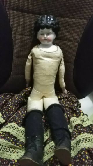 Antique China Head Doll On Leather Body - - 16 In.  Bisque Hands,  Calico Dress