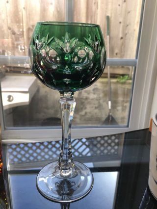 Vintage Bohemia Emerald Green Cut To Clear Crystal Hock Goblet Germany