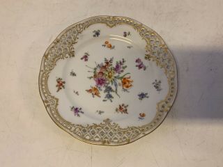 Antique Dresden Ambrosius Lamm Perforated Porcelain Plate With Floral Dec.
