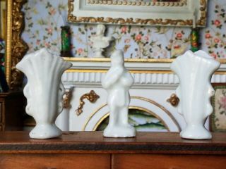 Antique Dollhouse Miniature Porcelain Figure & 2 Vases 1:12