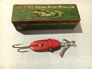 Vintage Al Foss Early Pork Rind Minnow & Tin Case - Red - White