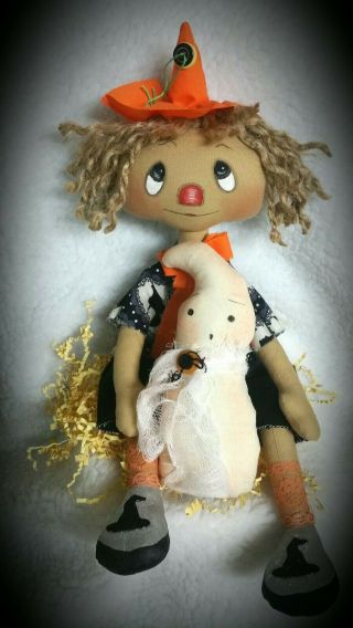 Primitive Folk Art Raggedy Ann Little Witch Doll And Ghostie Friend/fancy Shoes