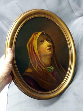 Old Antique Religious Portrait Oil Painting Art Woman Lady Shroud Framed Oval