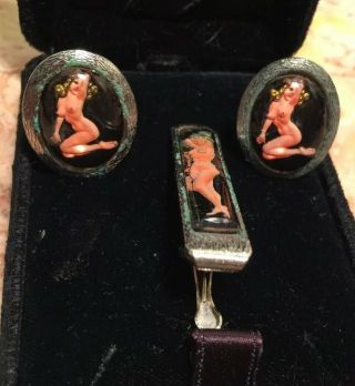 Vintage Pinup Naked Nude Lady/ Woman - Mens Cufflinks & Tie Clasp Silver Tone