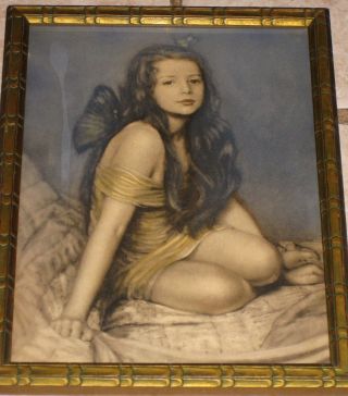 Vintage Young Girl With Wings Posing On Bed In Frame.