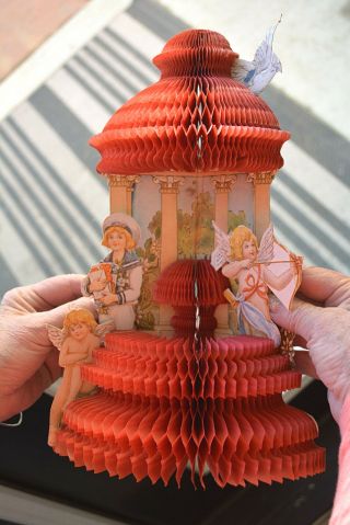 Antique Victorian 3 - D Pop - Out Boy Girl Honeycomb Die Cut Valentine Card German