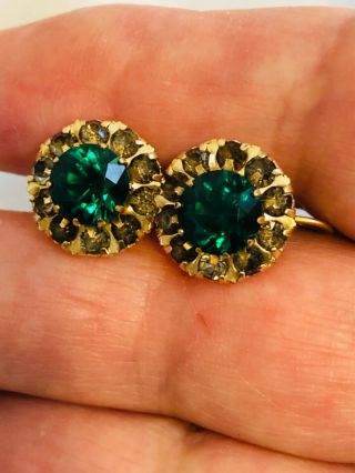 Antique Vintage Earrings 10k Gold Green Rhinestone Screw Ons