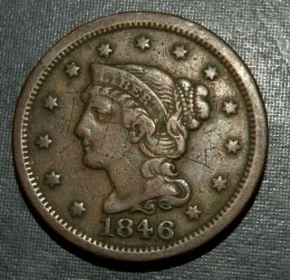 1846 Us Copper Large One Cent Slanting 5 Braided Hair Coin Liberty Antique Vf