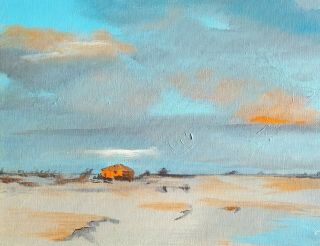 Vintage Oil Landscape Beach Painting,  Blue Tones With An Orange House 11 X 14