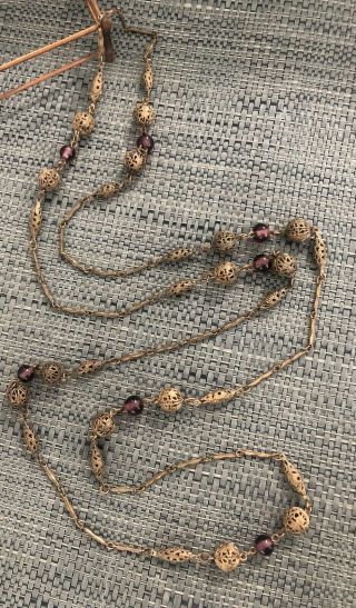 Long Antique Art Deco Czech Glass & Brass Filigree Beaded Flapper Necklace