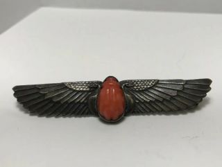 Antique C.  1900 Art Nouveau Sterling Silver Pink Coral Scarab Wings Brooch/pin