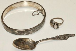 Sterling Silver Bracelet,  Ring & Vintage Souvenir Spoon (post Office Omaha,  Ne)