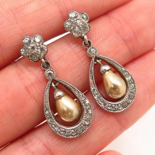 Antique Art Deco 925 Sterling Silver Rhinestone Artificial Pearl Drop Earrings