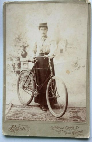 Circa 1900 Cabinet Photo Woman With Antique Bicycle With Flag Head Badge Lady