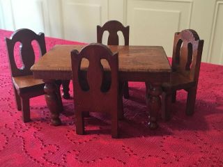 Vintage Dollhouse Miniatures Primitive Wooden Table And Four Chairs Dining Set