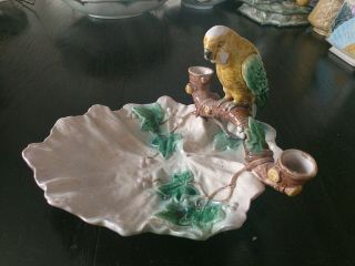 Antique Majolica Ivy Leaf And Bird Platter/ Candle Holder Pristine