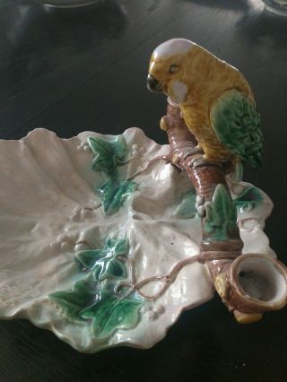 Antique Majolica Ivy Leaf and Bird Platter/ candle holder Pristine 2