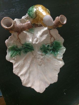 Antique Majolica Ivy Leaf and Bird Platter/ candle holder Pristine 3