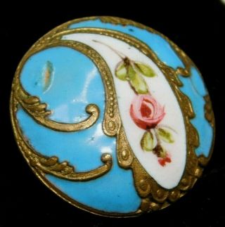 Antique Metal Button Turquoise Blue Enamel Paisley W Pink Rose Convex 7/8 S