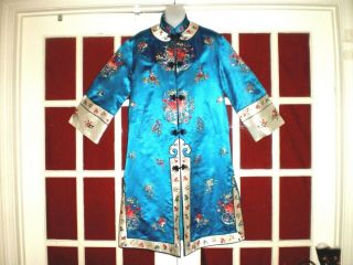 Fine Old Chinese Blue Silk Long Jacket/robe W/embroidered Chrysanthemums Sz L/xl