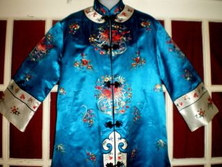 FINE Old Chinese Blue Silk LONG Jacket/Robe w/Embroidered Chrysanthemums Sz L/XL 2