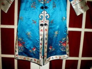 FINE Old Chinese Blue Silk LONG Jacket/Robe w/Embroidered Chrysanthemums Sz L/XL 3