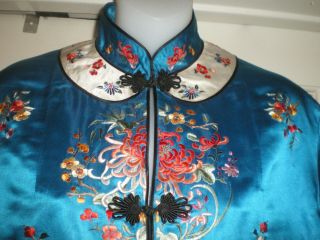 FINE Old Chinese Blue Silk LONG Jacket/Robe w/Embroidered Chrysanthemums Sz L/XL 4