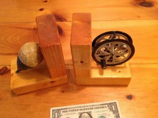 Vintage Fishing Bookends W Non - Skid Base And Fly Reel & Bobber.